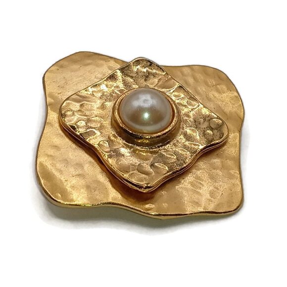 Gold Tone Square Metal Brooch with Faux Pearl Cabochon - Picture 2 of 5